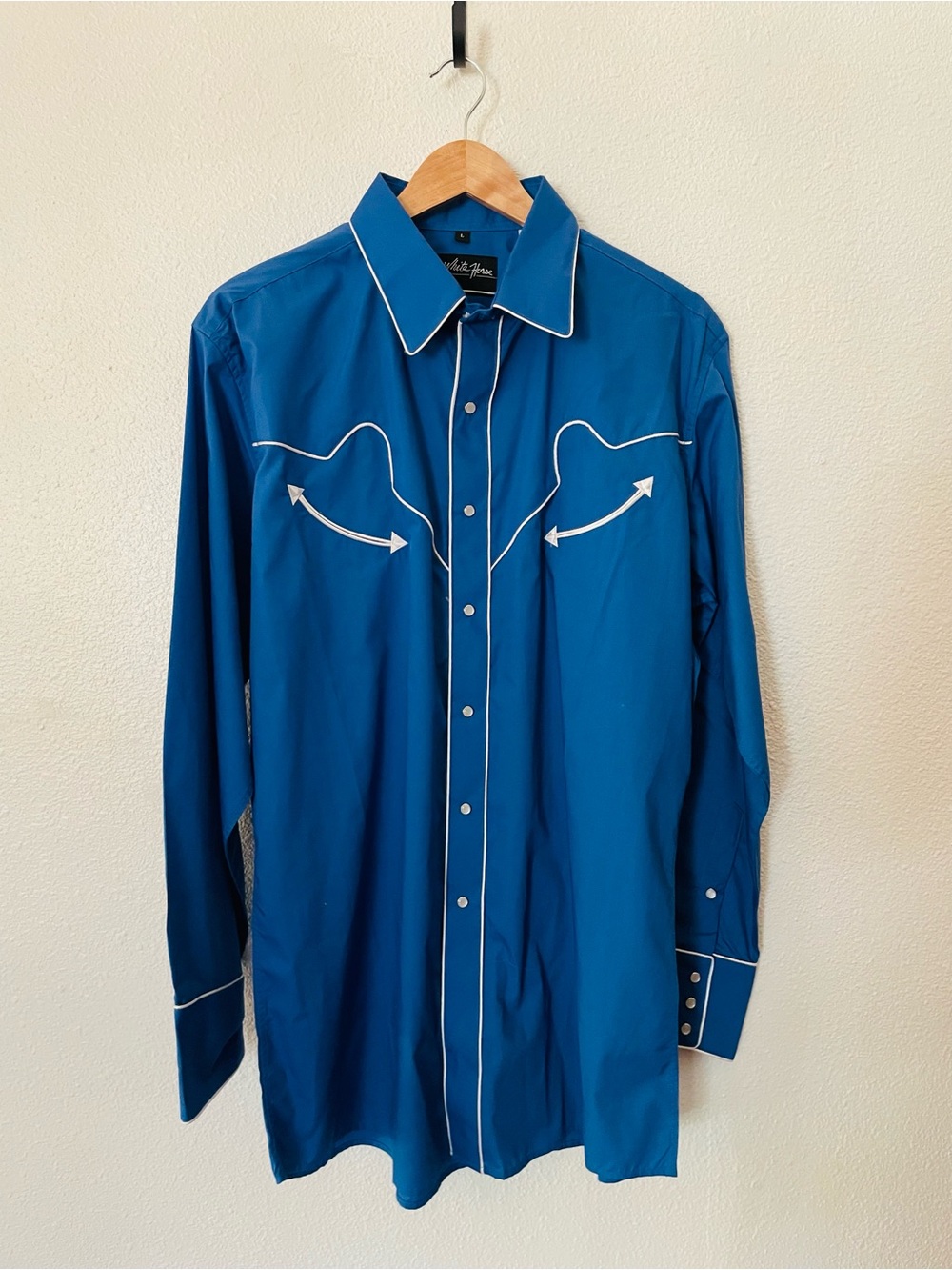 WHITE HORSE MEN'S RETRO ROYAL WESTERN SHIRT Pearl Snap White Piping Size Large